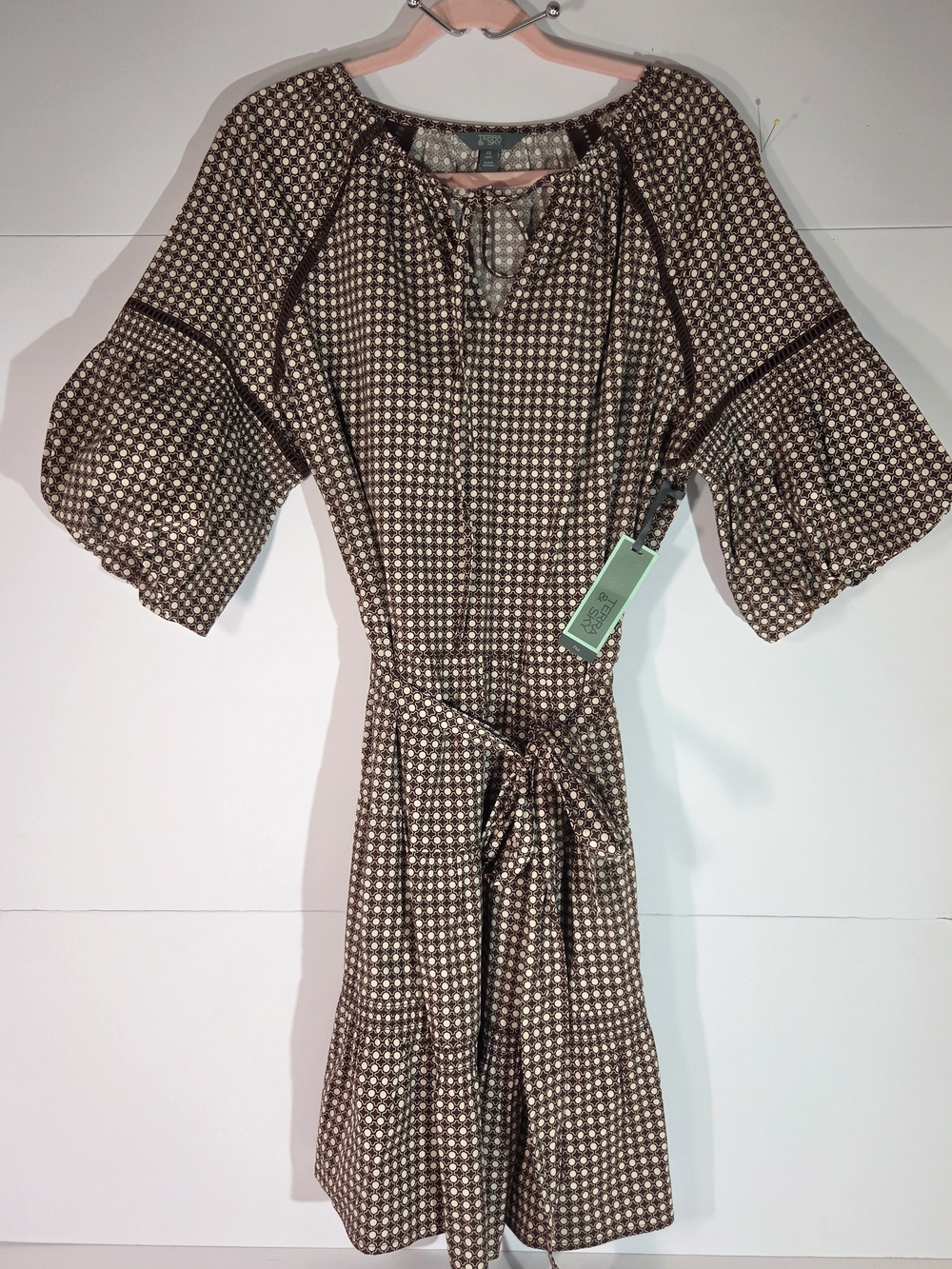 Terra & Sky NWT Plus Size 0X 14W Boho Tiered Mini Dress Geometric Brown Cotton